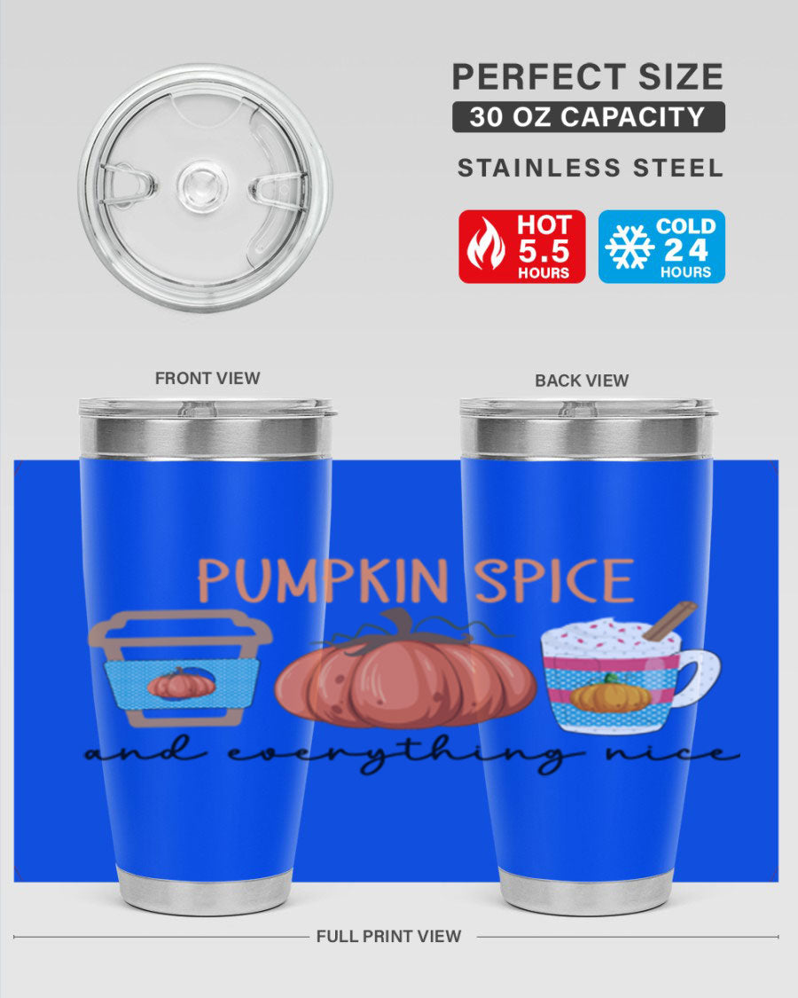 Fall Pumpkin Spice 20oz Tumbler featuring double wall vacuum stainless steel design with copper lining and a drink-thru lid.
