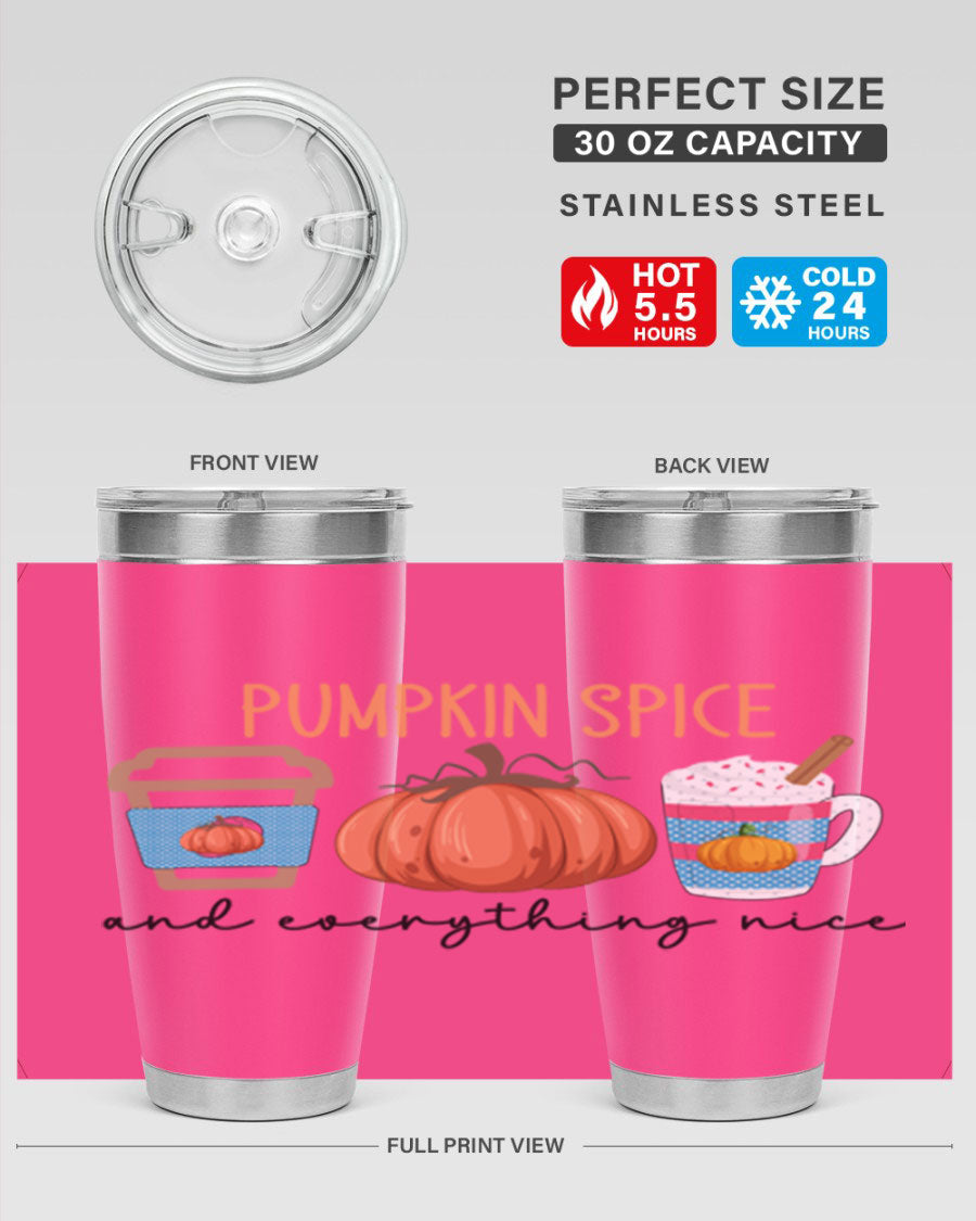 Fall Pumpkin Spice 20oz Tumbler featuring double wall vacuum stainless steel design with copper lining and a drink-thru lid.