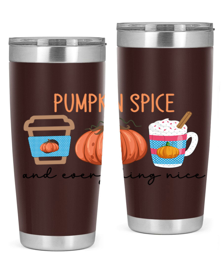 Fall Pumpkin Spice 20oz Tumbler featuring double wall vacuum stainless steel design with copper lining and a drink-thru lid.