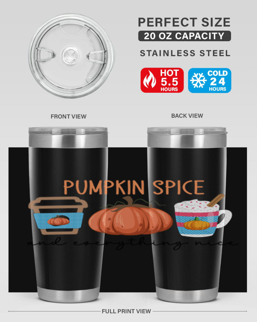 Fall Pumpkin Spice 20oz Tumbler featuring double wall vacuum stainless steel design with copper lining and a drink-thru lid.