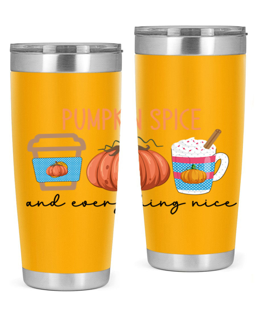 Fall Pumpkin Spice 20oz Tumbler featuring double wall vacuum stainless steel design with copper lining and a drink-thru lid.