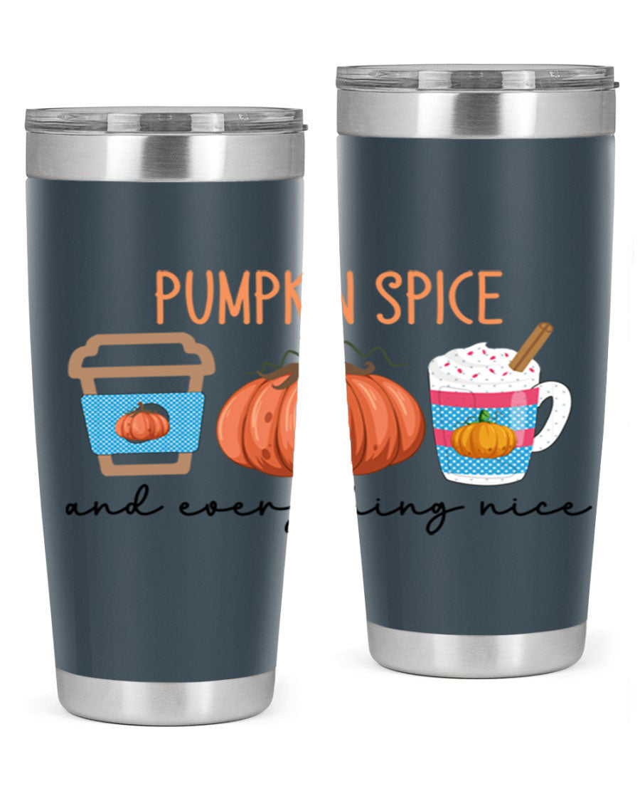 Fall Pumpkin Spice 20oz Tumbler featuring double wall vacuum stainless steel design with copper lining and a drink-thru lid.