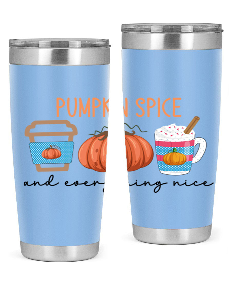 Fall Pumpkin Spice 20oz Tumbler featuring double wall vacuum stainless steel design with copper lining and a drink-thru lid.