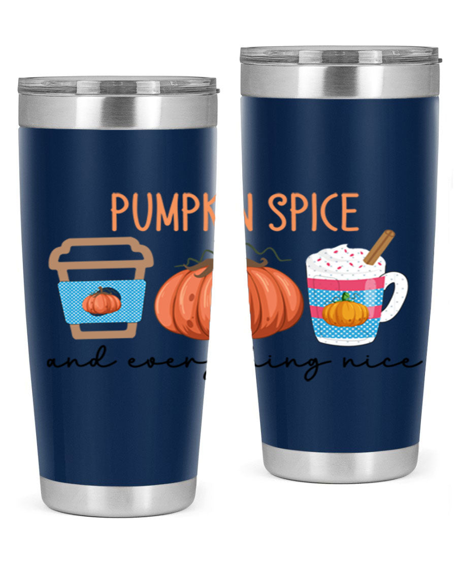 Fall Pumpkin Spice 20oz Tumbler featuring double wall vacuum stainless steel design with copper lining and a drink-thru lid.