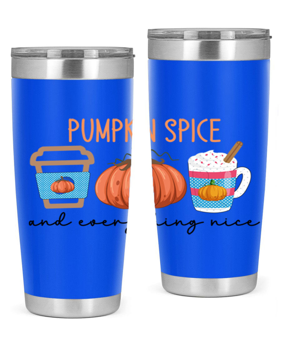 Fall Pumpkin Spice 20oz Tumbler featuring double wall vacuum stainless steel design with copper lining and a drink-thru lid.