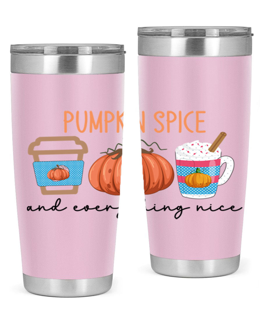 Fall Pumpkin Spice 20oz Tumbler featuring double wall vacuum stainless steel design with copper lining and a drink-thru lid.