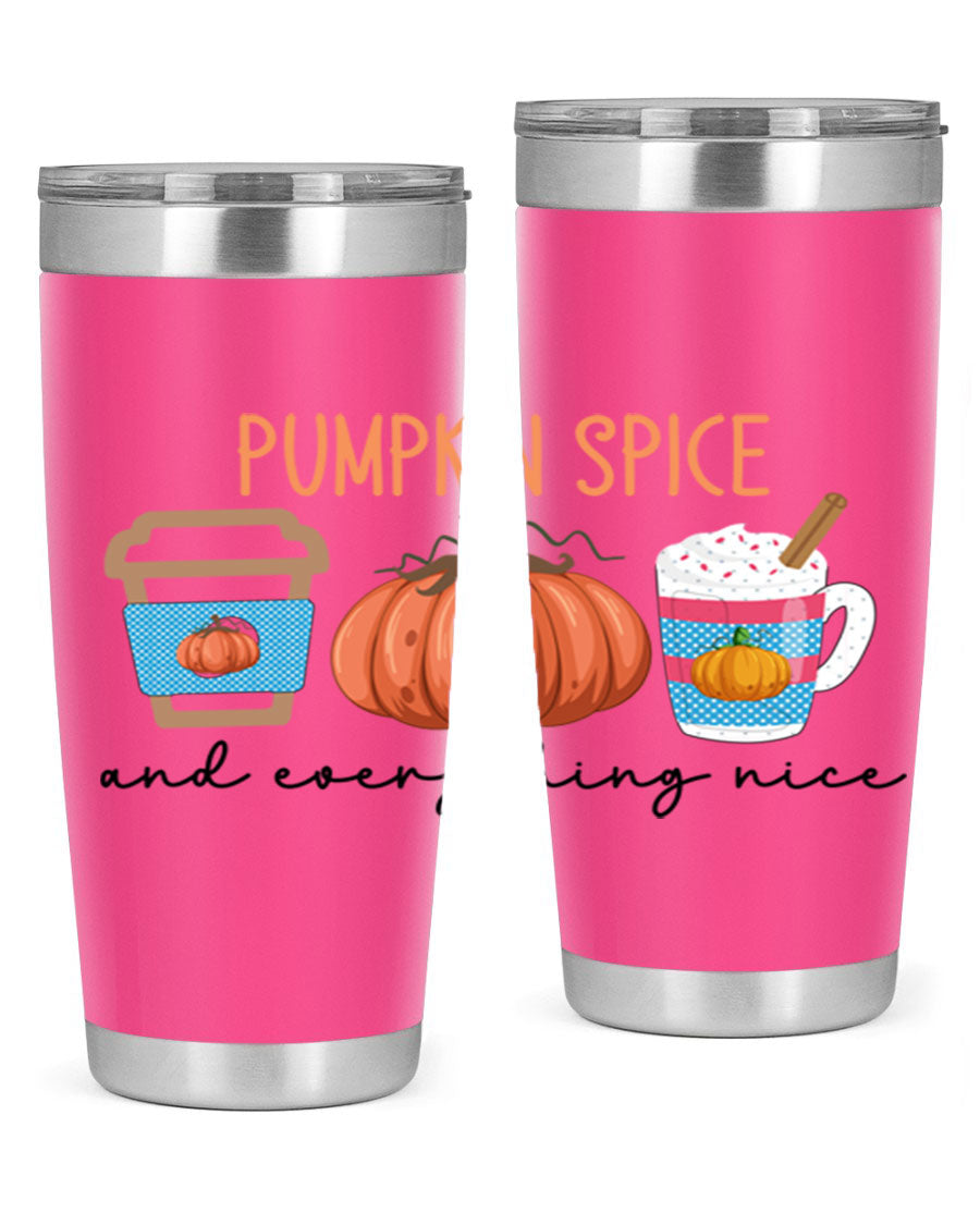 Fall Pumpkin Spice 20oz Tumbler featuring double wall vacuum stainless steel design with copper lining and a drink-thru lid.