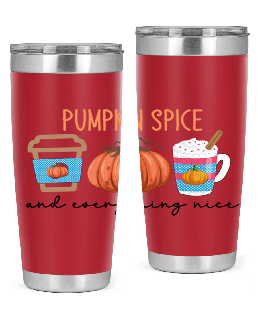 Fall Pumpkin Spice 20oz Tumbler featuring double wall vacuum stainless steel design with copper lining and a drink-thru lid.