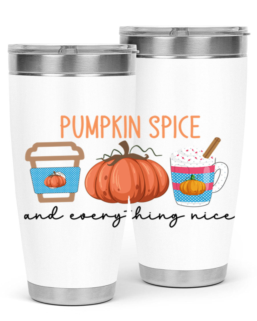 Fall Pumpkin Spice 20oz Tumbler featuring double wall vacuum stainless steel design with copper lining and a drink-thru lid.