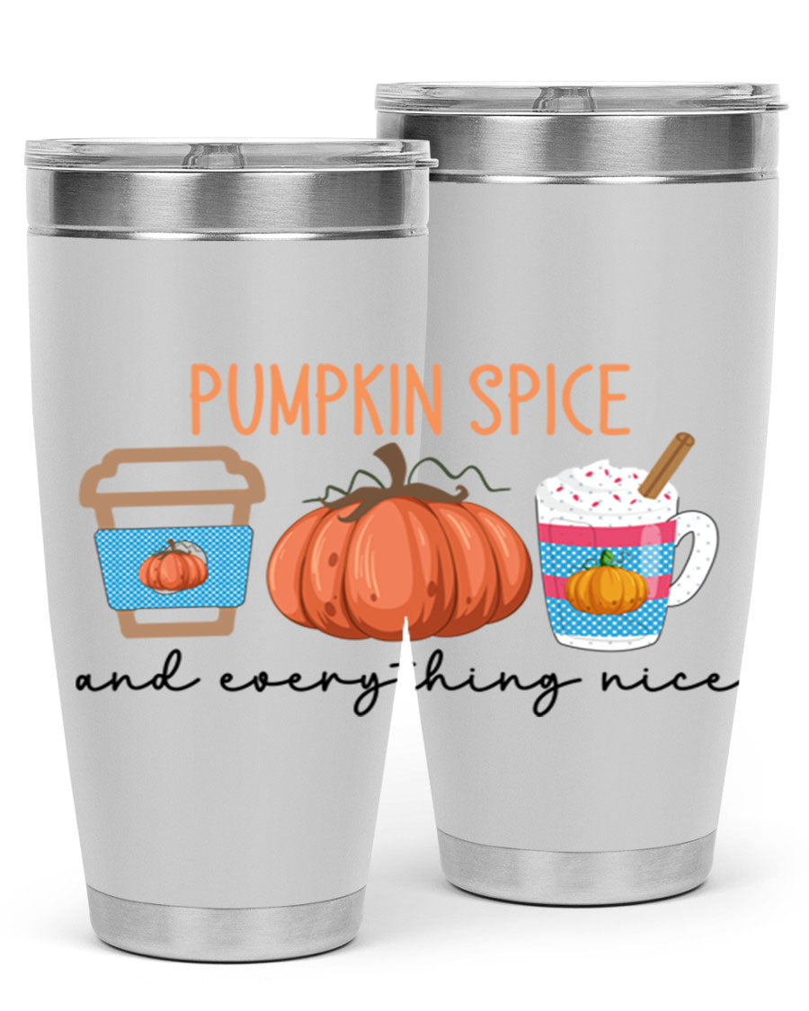 Fall Pumpkin Spice 20oz Tumbler featuring double wall vacuum stainless steel design with copper lining and a drink-thru lid.