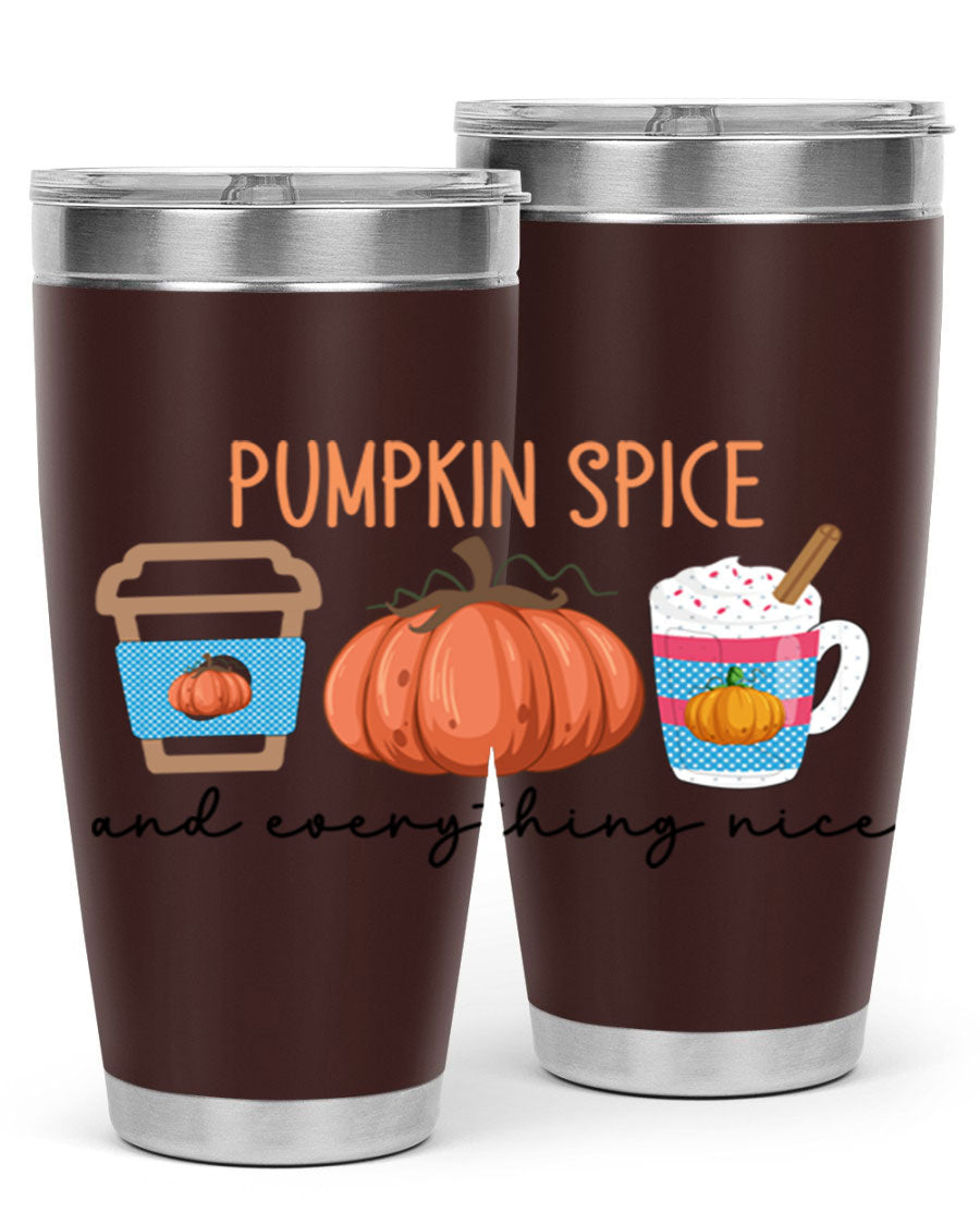 Fall Pumpkin Spice 20oz Tumbler featuring double wall vacuum stainless steel design with copper lining and a drink-thru lid.