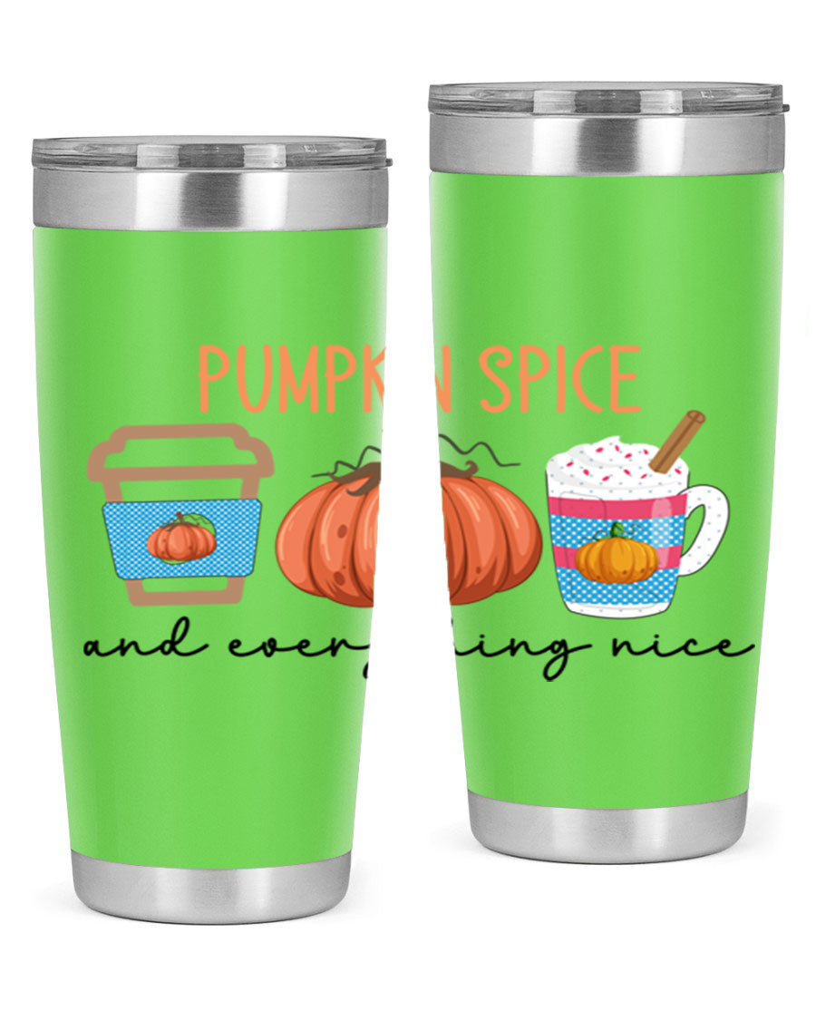 Fall Pumpkin Spice 20oz Tumbler featuring double wall vacuum stainless steel design with copper lining and a drink-thru lid.