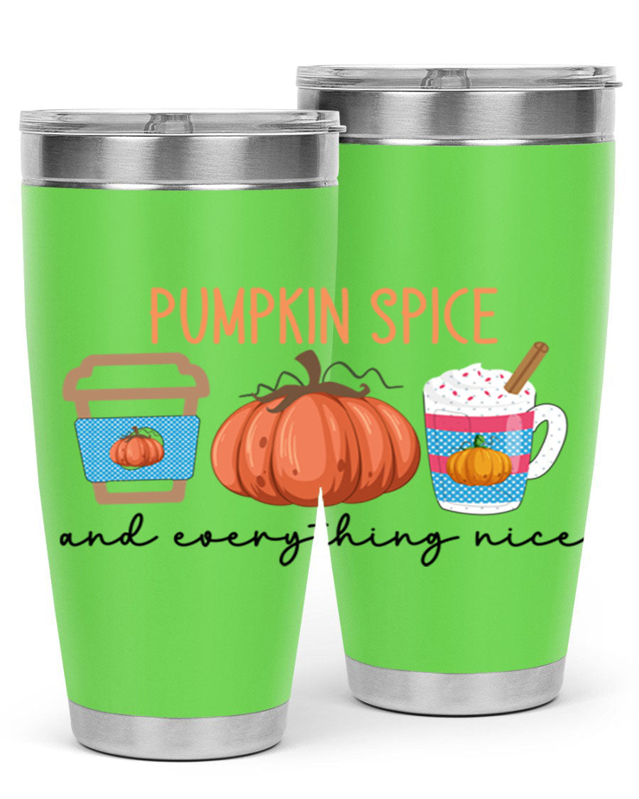 Fall Pumpkin Spice 20oz Tumbler featuring double wall vacuum stainless steel design with copper lining and a drink-thru lid.