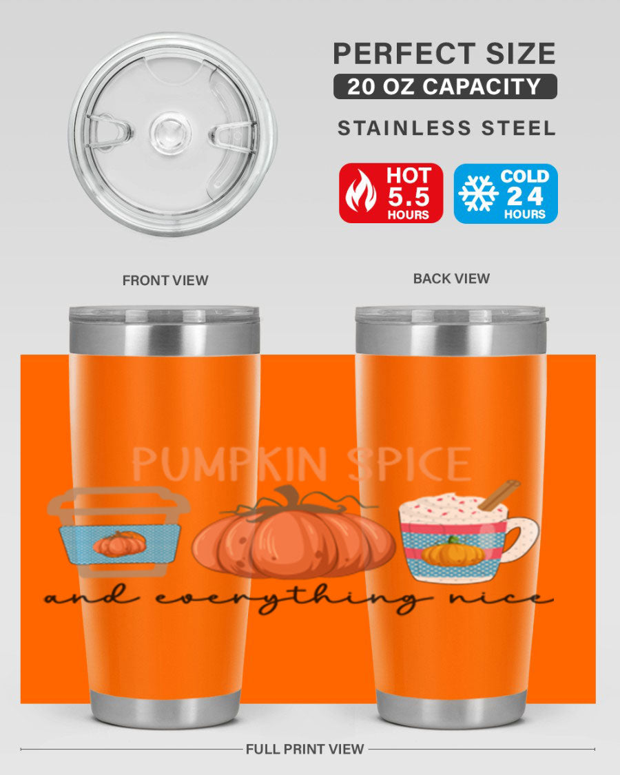 Fall Pumpkin Spice 20oz Tumbler featuring double wall vacuum stainless steel design with copper lining and a drink-thru lid.