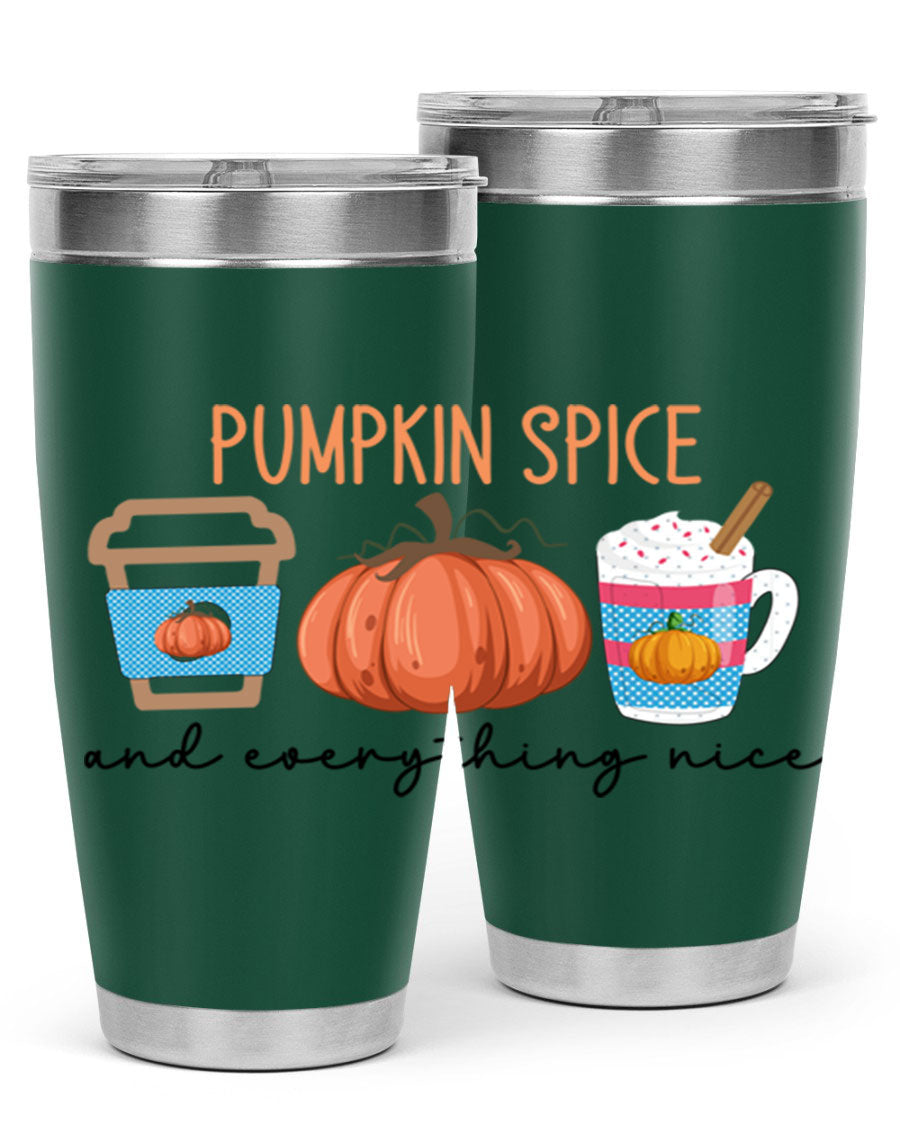 Fall Pumpkin Spice 20oz Tumbler featuring double wall vacuum stainless steel design with copper lining and a drink-thru lid.