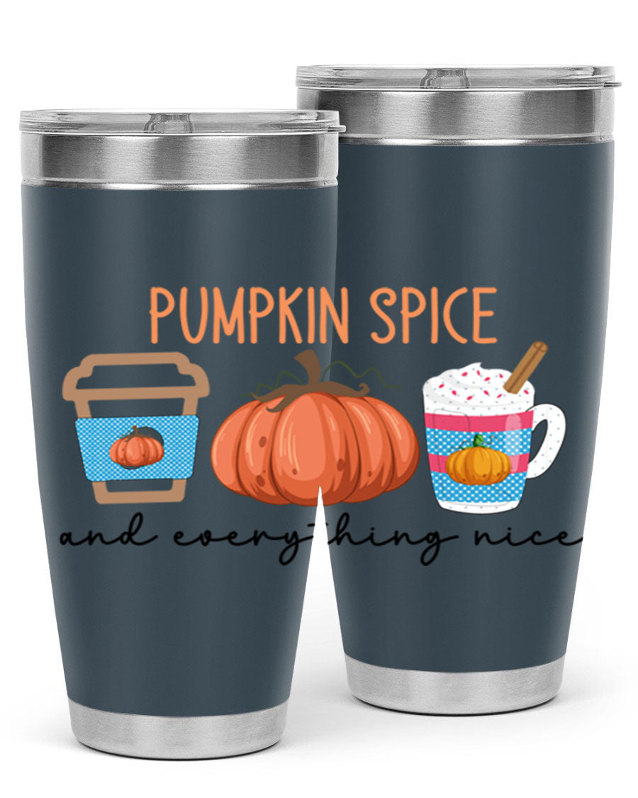 Fall Pumpkin Spice 20oz Tumbler featuring double wall vacuum stainless steel design with copper lining and a drink-thru lid.