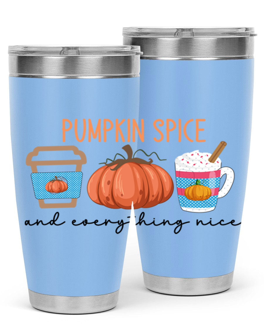Fall Pumpkin Spice 20oz Tumbler featuring double wall vacuum stainless steel design with copper lining and a drink-thru lid.