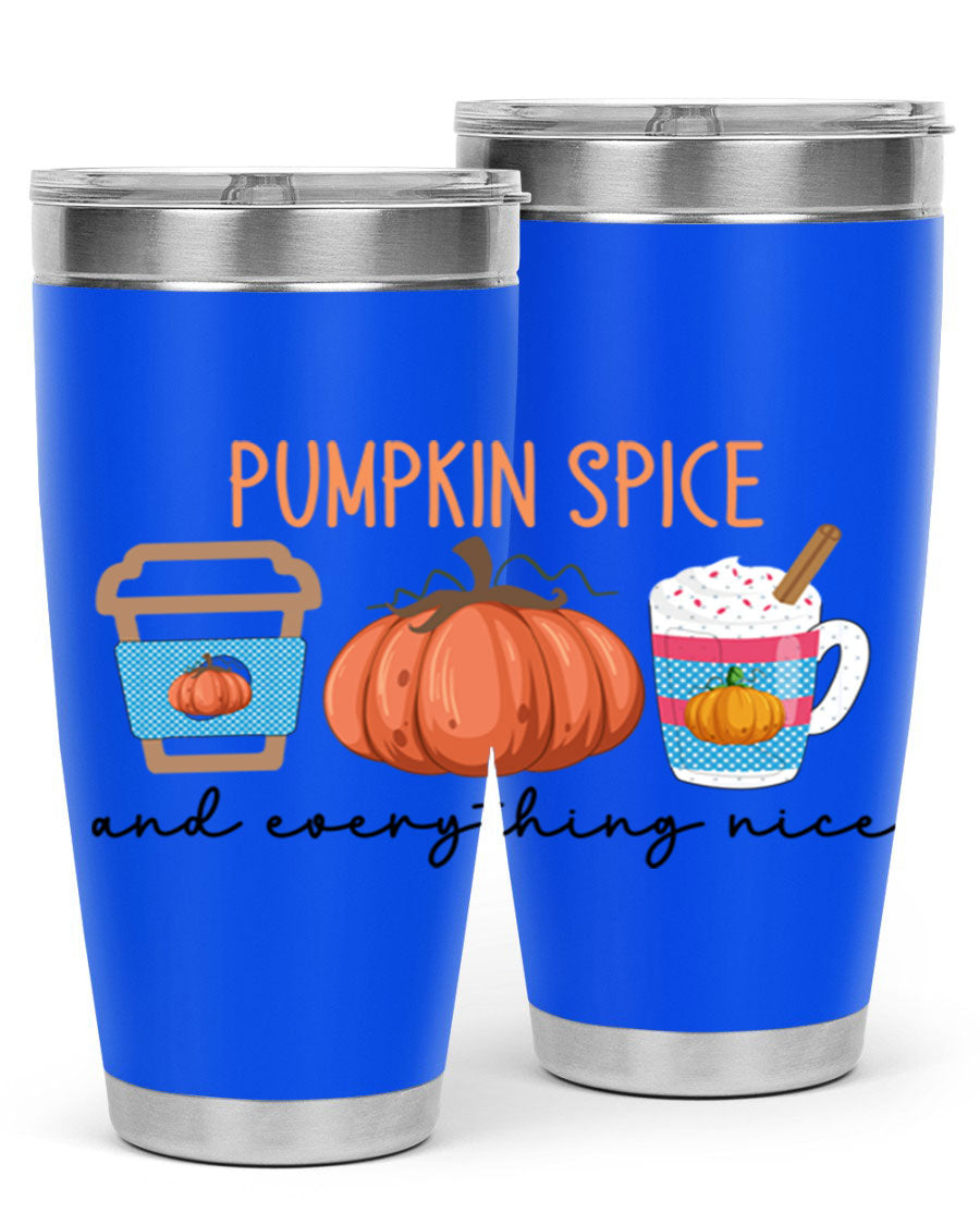 Fall Pumpkin Spice 20oz Tumbler featuring double wall vacuum stainless steel design with copper lining and a drink-thru lid.