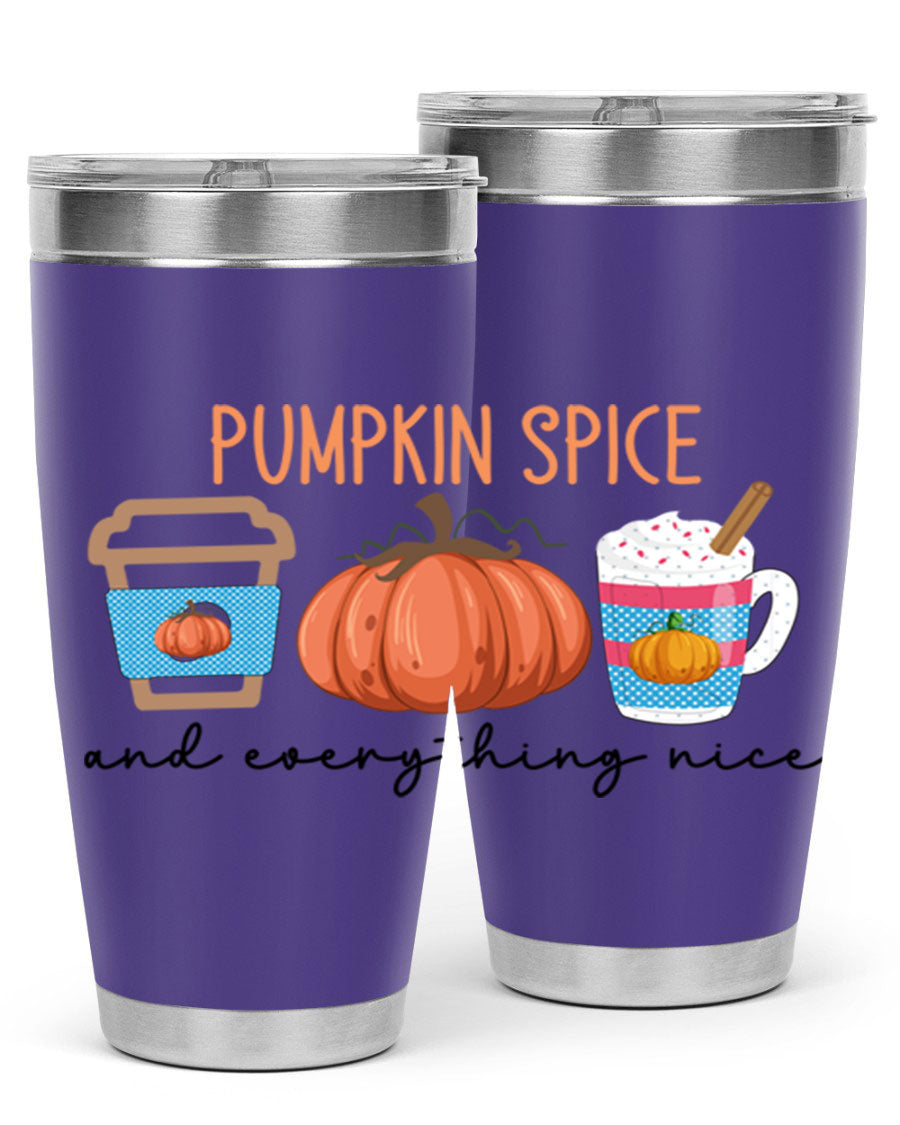 Fall Pumpkin Spice 20oz Tumbler featuring double wall vacuum stainless steel design with copper lining and a drink-thru lid.