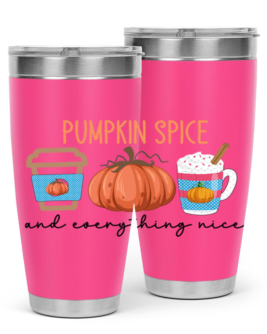 Fall Pumpkin Spice 20oz Tumbler featuring double wall vacuum stainless steel design with copper lining and a drink-thru lid.