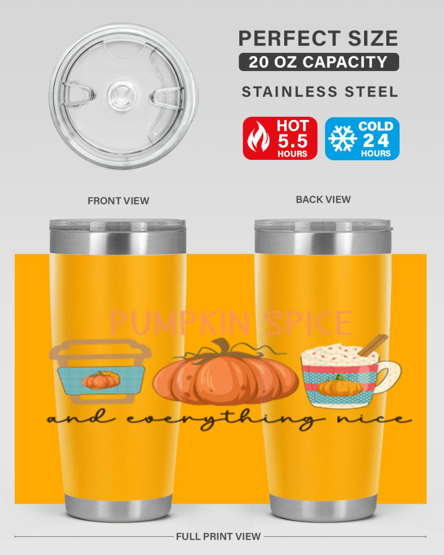 Fall Pumpkin Spice 20oz Tumbler featuring double wall vacuum stainless steel design with copper lining and a drink-thru lid.