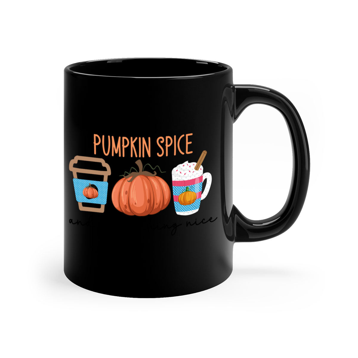 Fall Pumpkin Spice Mug with colorful handle and glossy finish, perfect for coffee and tea lovers.