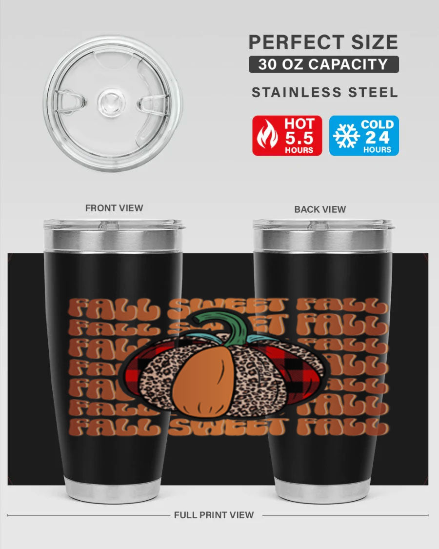 Fall Sweet Fall 132# Tumbler, a stylish 20oz double wall vacuum stainless steel tumbler with a drink-thru lid, perfect for hot and cold beverages.