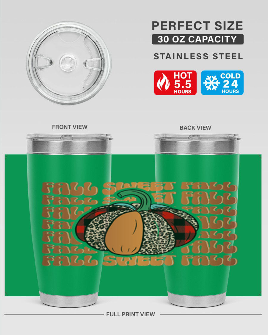 Fall Sweet Fall 132# Tumbler, a stylish 20oz double wall vacuum stainless steel tumbler with a drink-thru lid, perfect for hot and cold beverages.