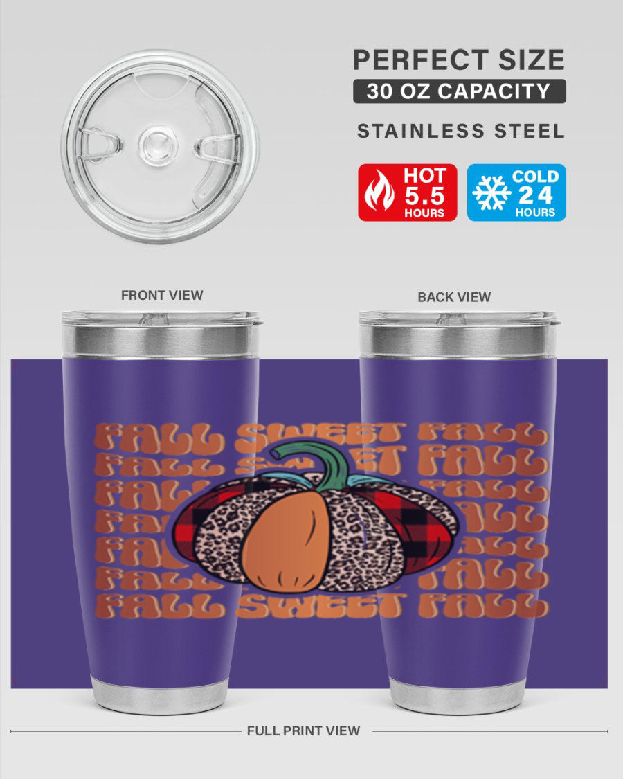 Fall Sweet Fall 132# Tumbler, a stylish 20oz double wall vacuum stainless steel tumbler with a drink-thru lid, perfect for hot and cold beverages.