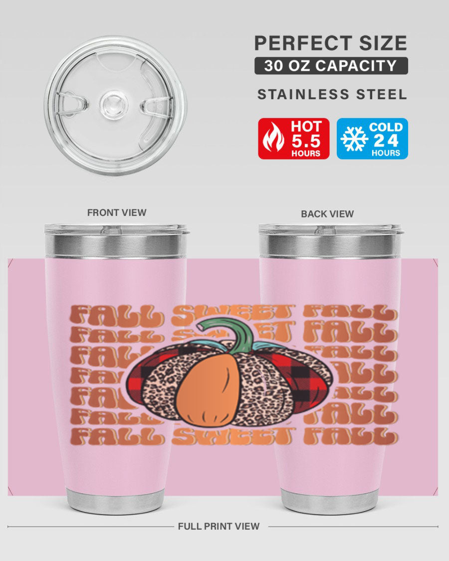 Fall Sweet Fall 132# Tumbler, a stylish 20oz double wall vacuum stainless steel tumbler with a drink-thru lid, perfect for hot and cold beverages.