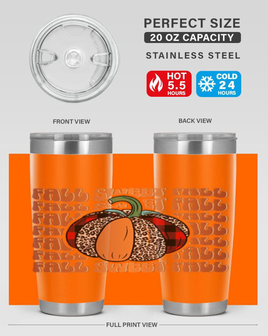 Fall Sweet Fall 132# Tumbler, a stylish 20oz double wall vacuum stainless steel tumbler with a drink-thru lid, perfect for hot and cold beverages.