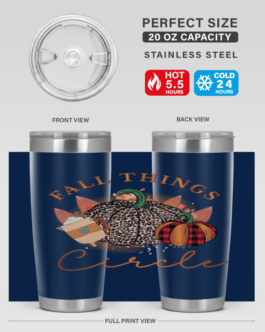 Fall Things Circle 133# Tumbler showcasing its double wall vacuum stainless steel design with a vibrant fall-themed print.