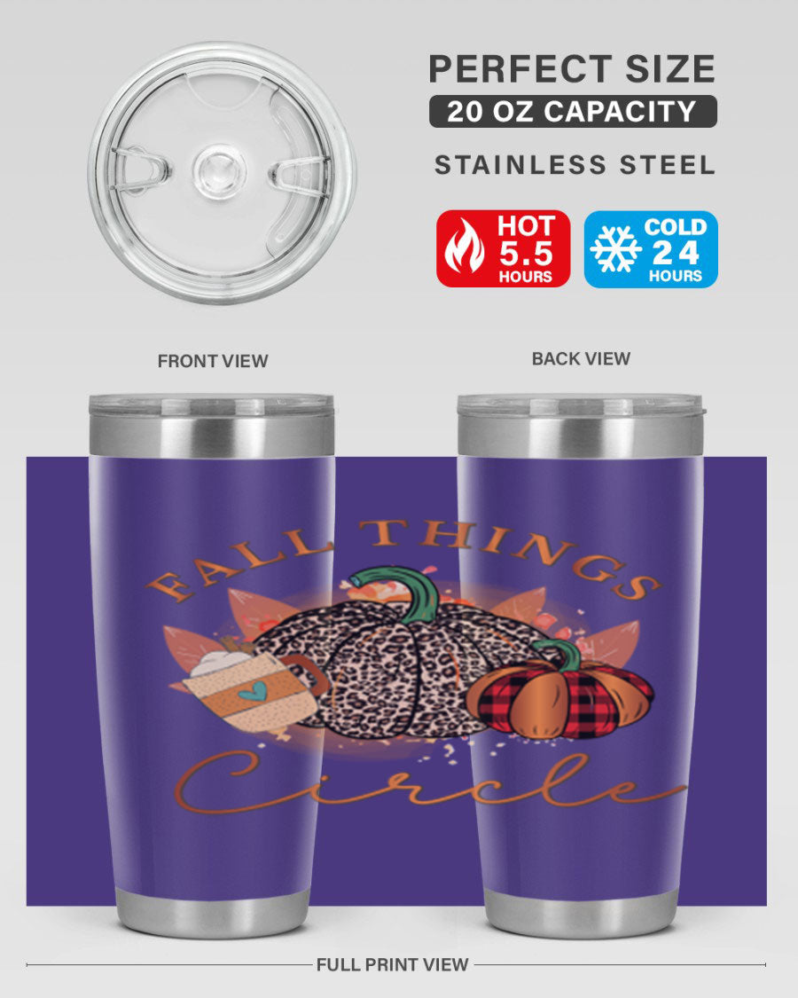 Fall Things Circle 133# Tumbler showcasing its double wall vacuum stainless steel design with a vibrant fall-themed print.