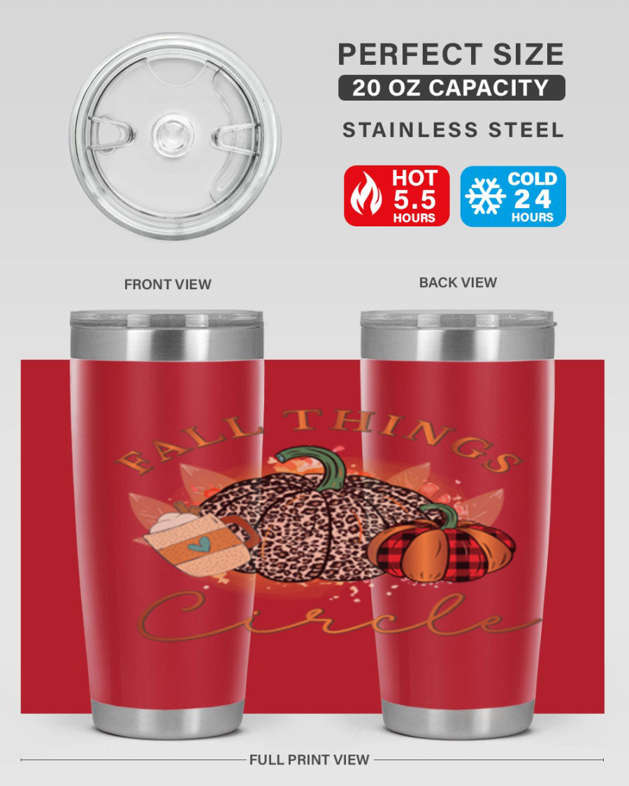 Fall Things Circle 133# Tumbler showcasing its double wall vacuum stainless steel design with a vibrant fall-themed print.