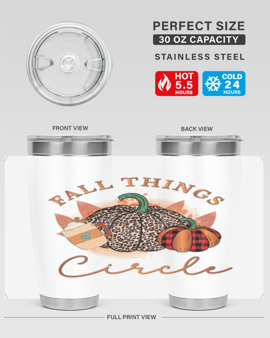 Fall Things Circle 133# Tumbler showcasing its double wall vacuum stainless steel design with a vibrant fall-themed print.