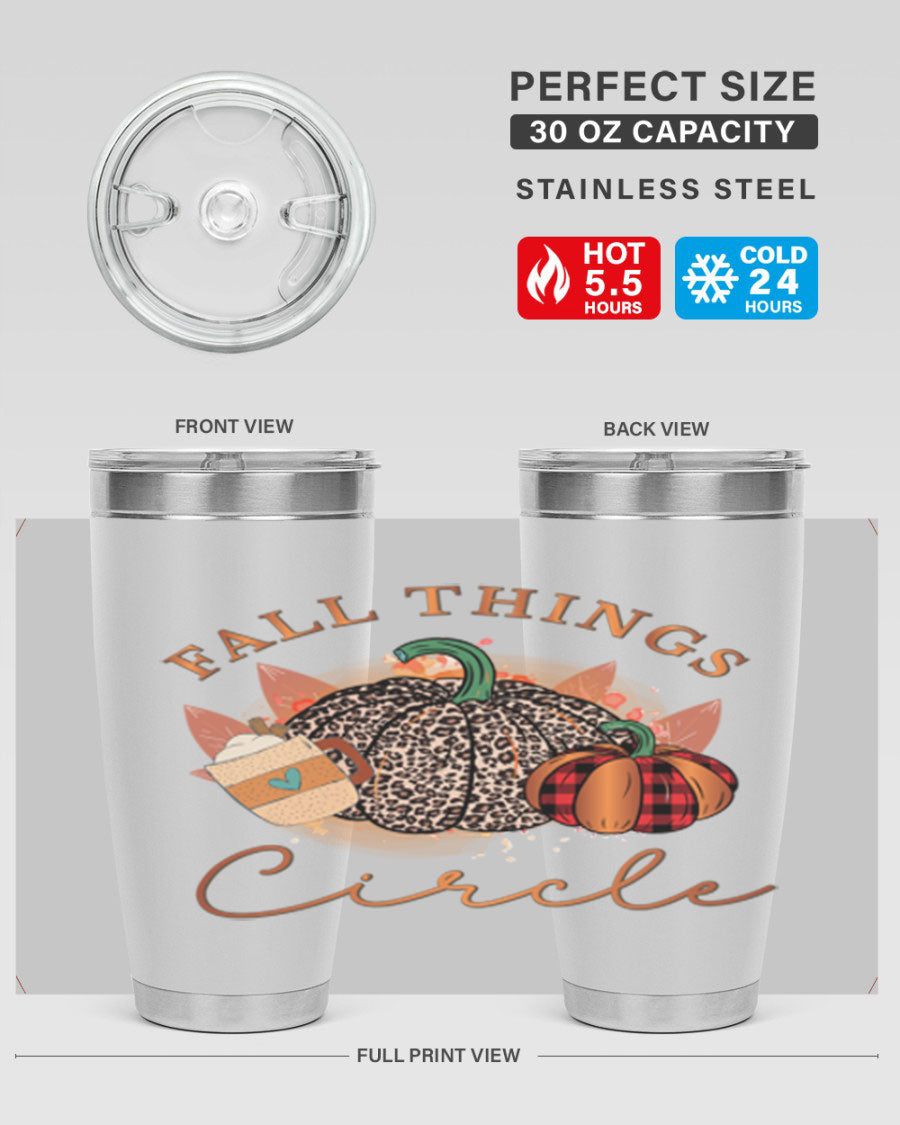 Fall Things Circle 133# Tumbler showcasing its double wall vacuum stainless steel design with a vibrant fall-themed print.