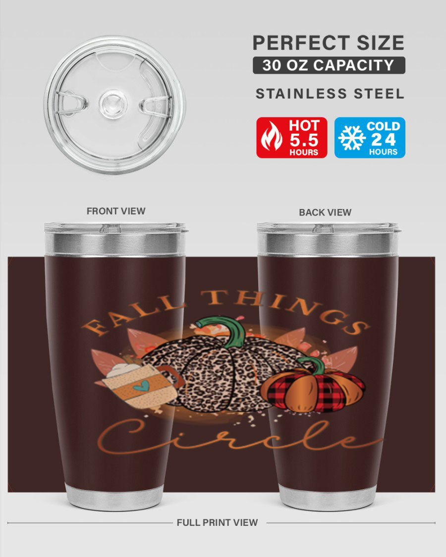 Fall Things Circle 133# Tumbler showcasing its double wall vacuum stainless steel design with a vibrant fall-themed print.