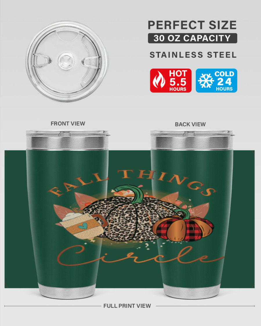 Fall Things Circle 133# Tumbler showcasing its double wall vacuum stainless steel design with a vibrant fall-themed print.