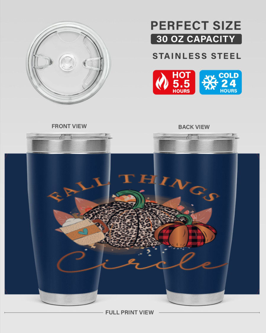 Fall Things Circle 133# Tumbler showcasing its double wall vacuum stainless steel design with a vibrant fall-themed print.