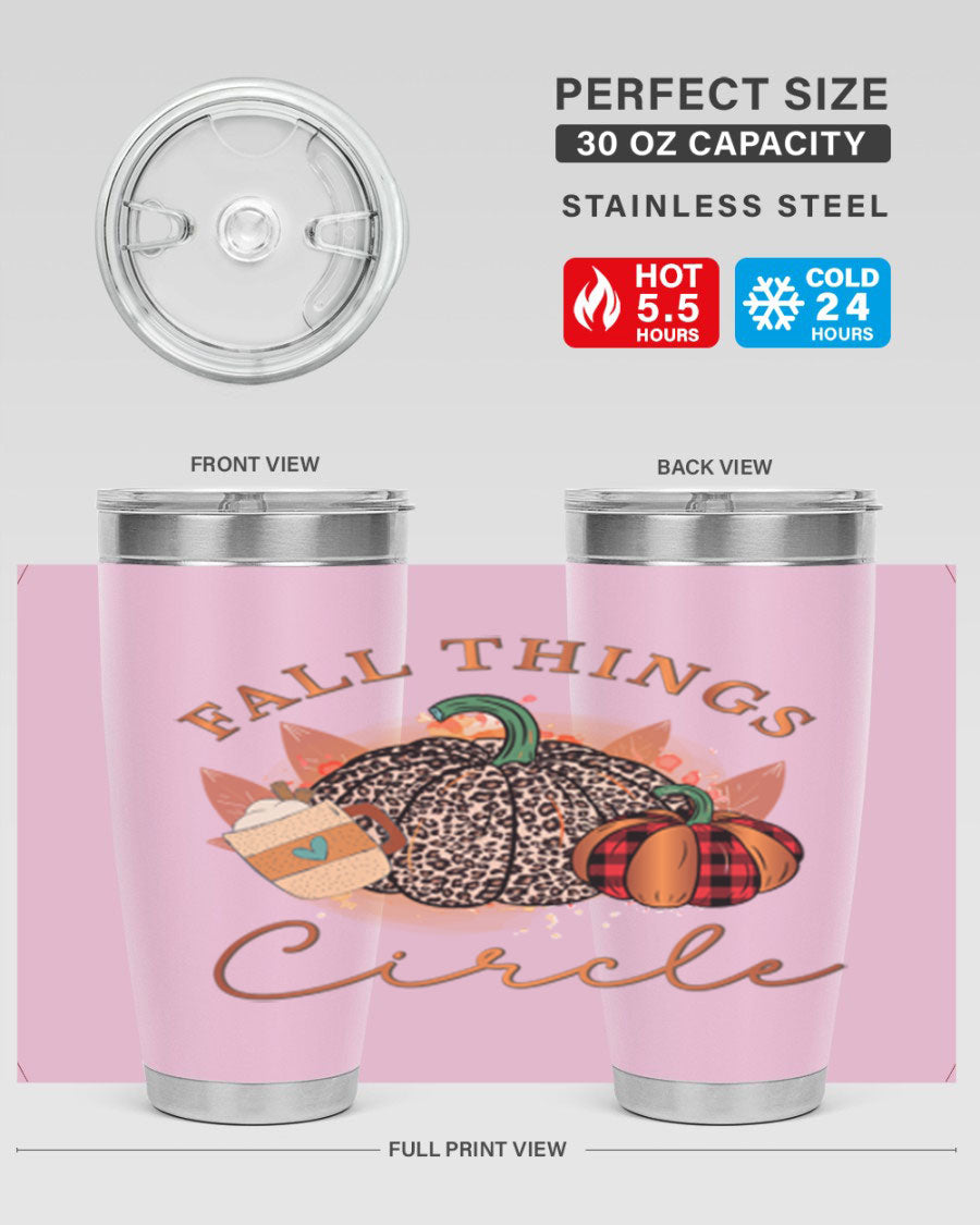 Fall Things Circle 133# Tumbler showcasing its double wall vacuum stainless steel design with a vibrant fall-themed print.