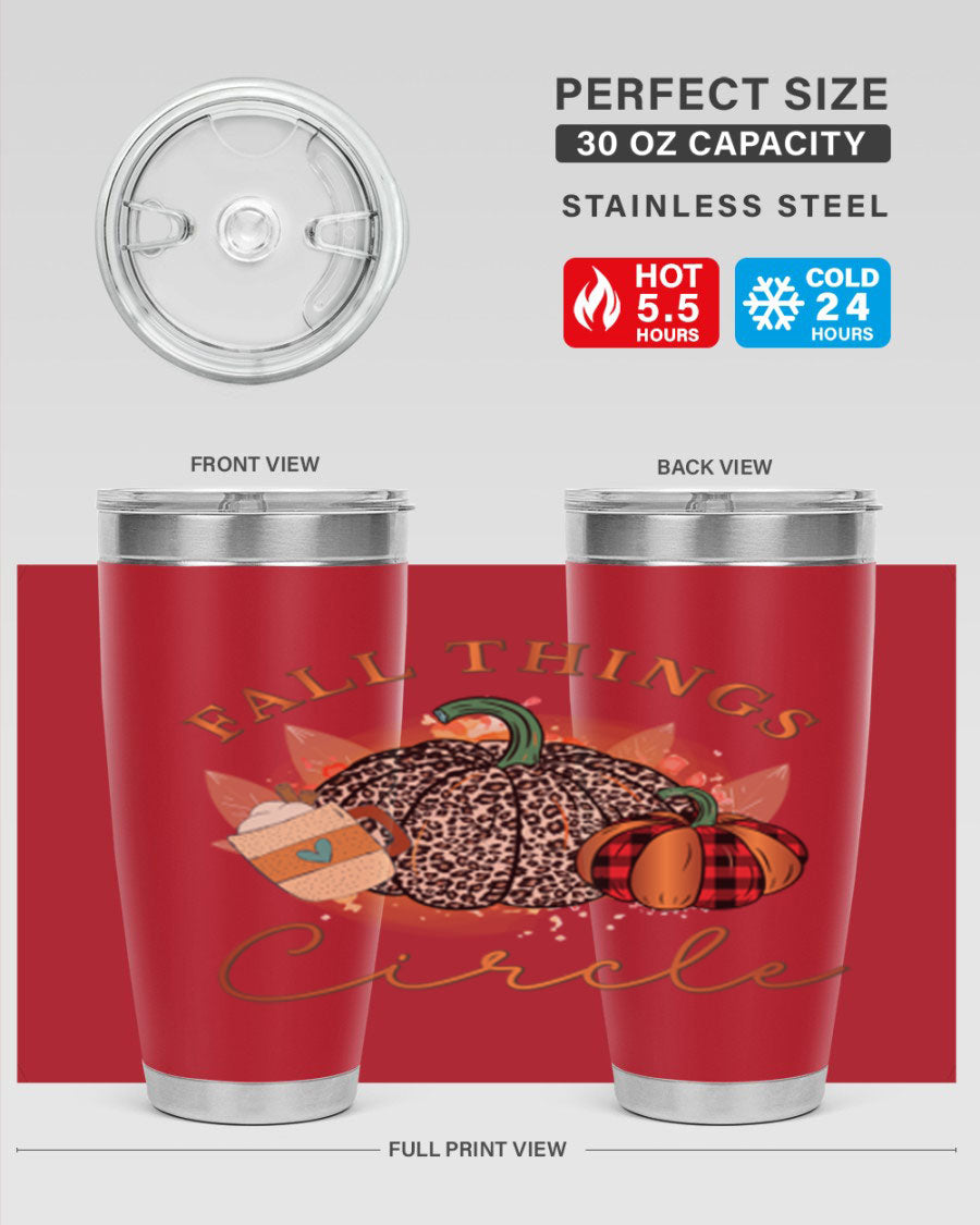 Fall Things Circle 133# Tumbler showcasing its double wall vacuum stainless steel design with a vibrant fall-themed print.