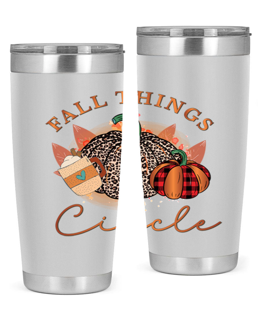 Fall Things Circle 133# Tumbler showcasing its double wall vacuum stainless steel design with a vibrant fall-themed print.