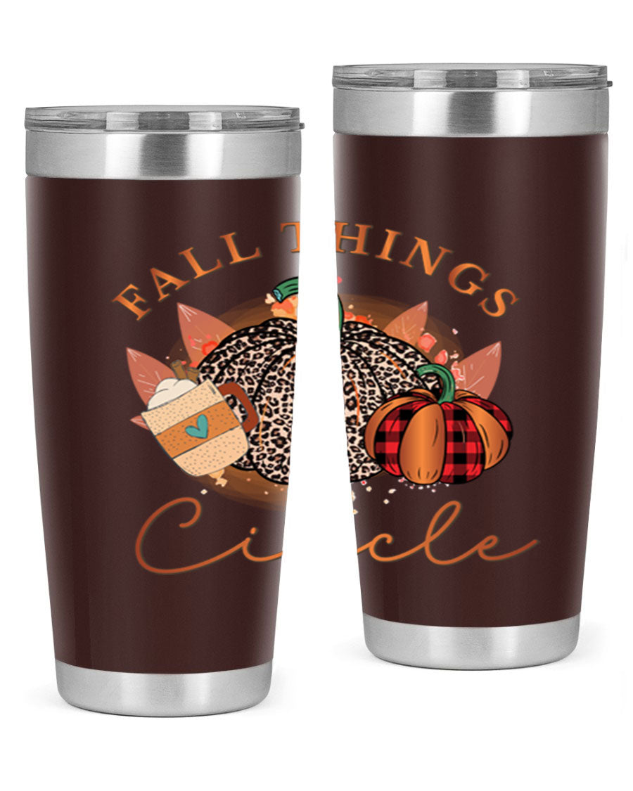 Fall Things Circle 133# Tumbler showcasing its double wall vacuum stainless steel design with a vibrant fall-themed print.