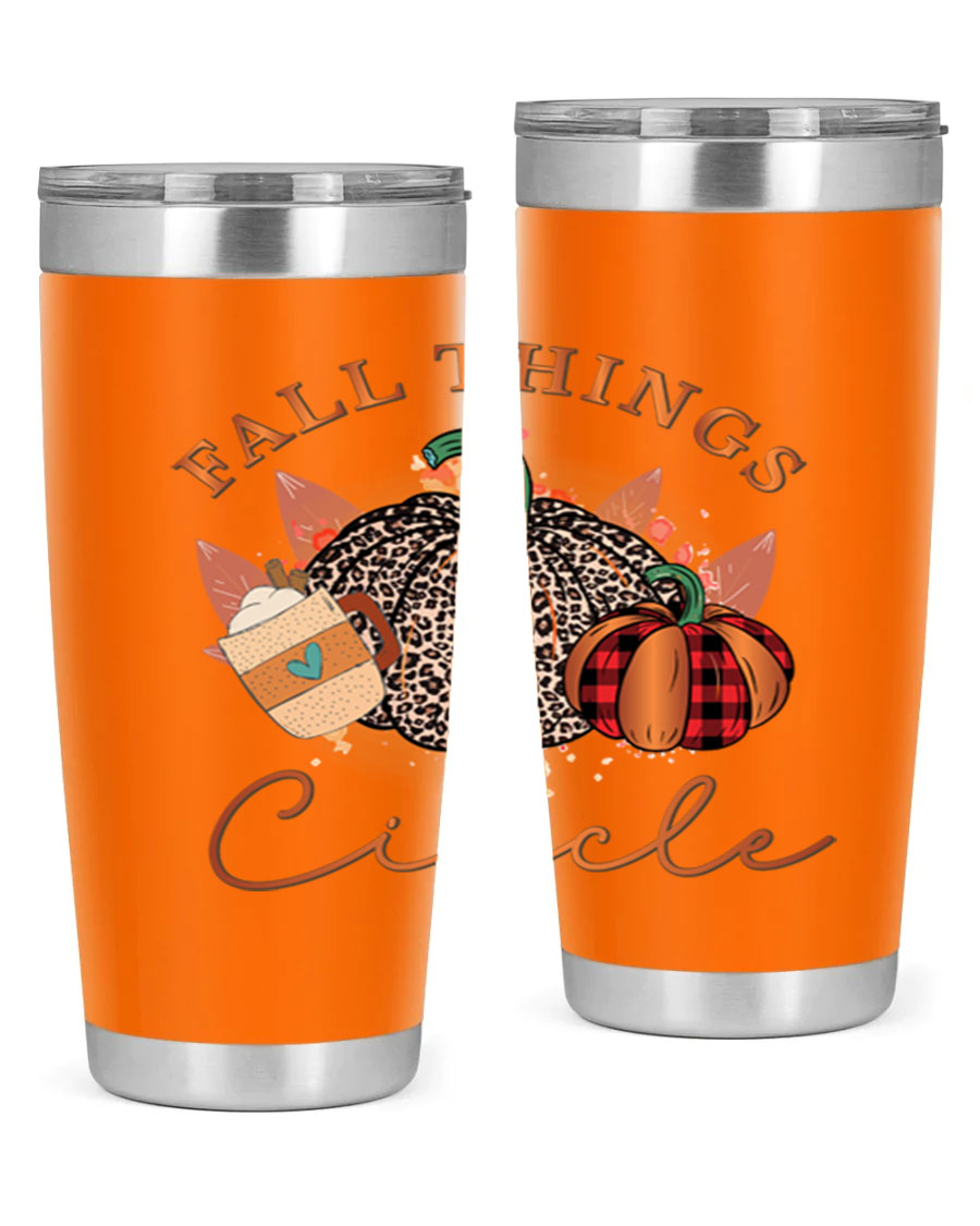 Fall Things Circle 133# Tumbler showcasing its double wall vacuum stainless steel design with a vibrant fall-themed print.