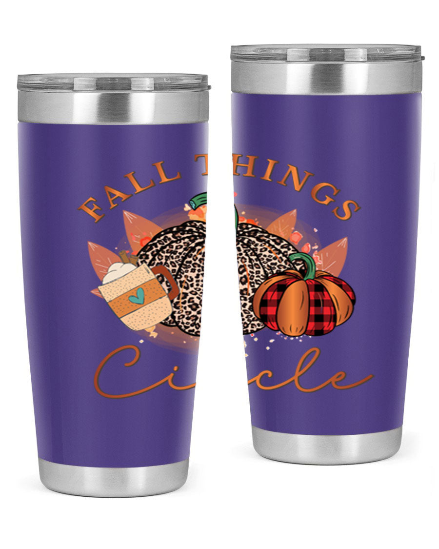Fall Things Circle 133# Tumbler showcasing its double wall vacuum stainless steel design with a vibrant fall-themed print.
