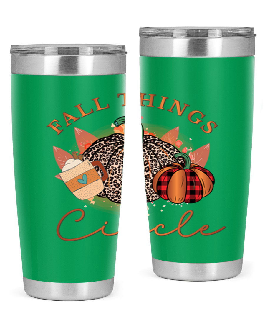 Fall Things Circle 133# Tumbler showcasing its double wall vacuum stainless steel design with a vibrant fall-themed print.