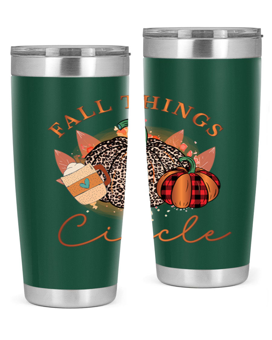 Fall Things Circle 133# Tumbler showcasing its double wall vacuum stainless steel design with a vibrant fall-themed print.