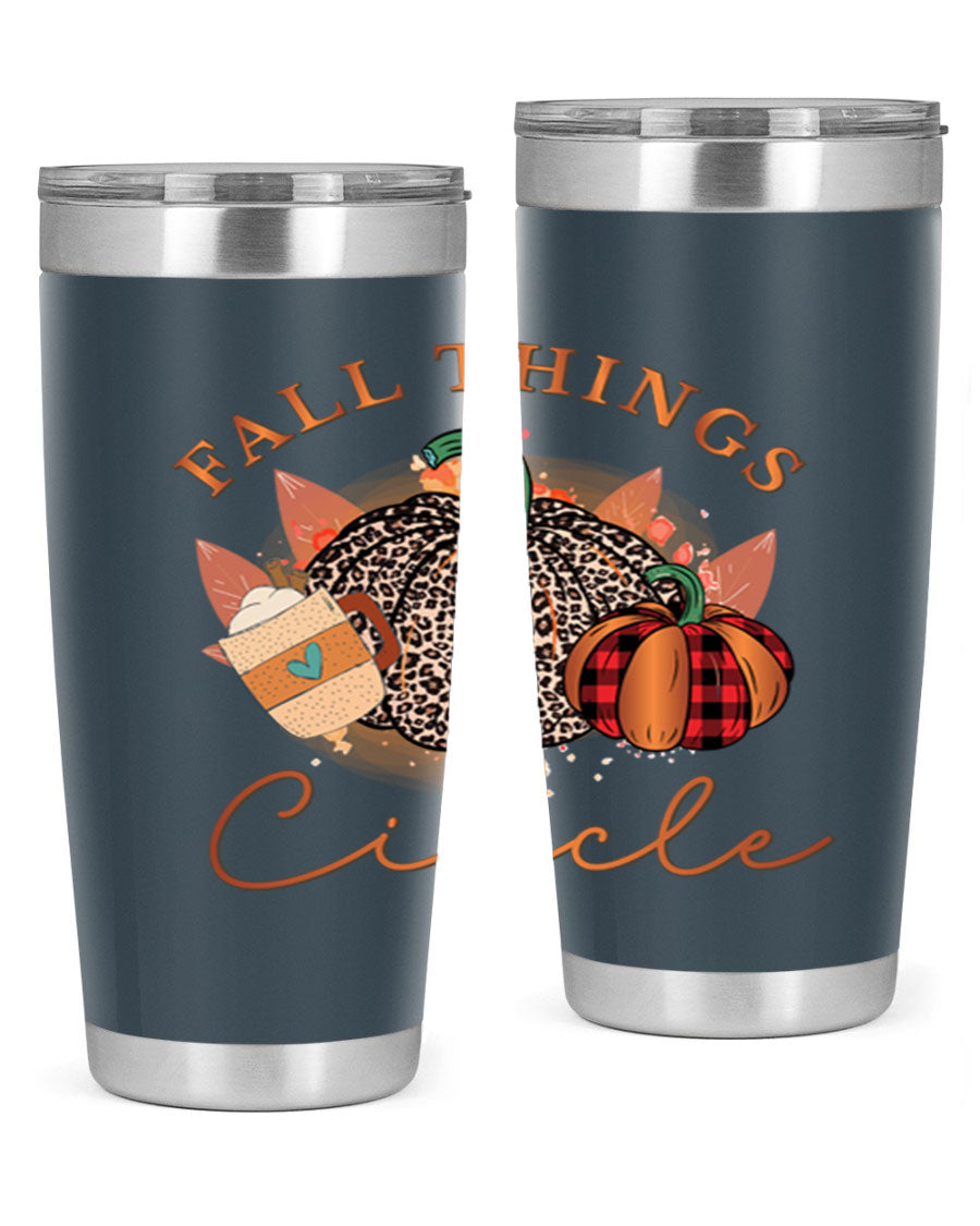Fall Things Circle 133# Tumbler showcasing its double wall vacuum stainless steel design with a vibrant fall-themed print.
