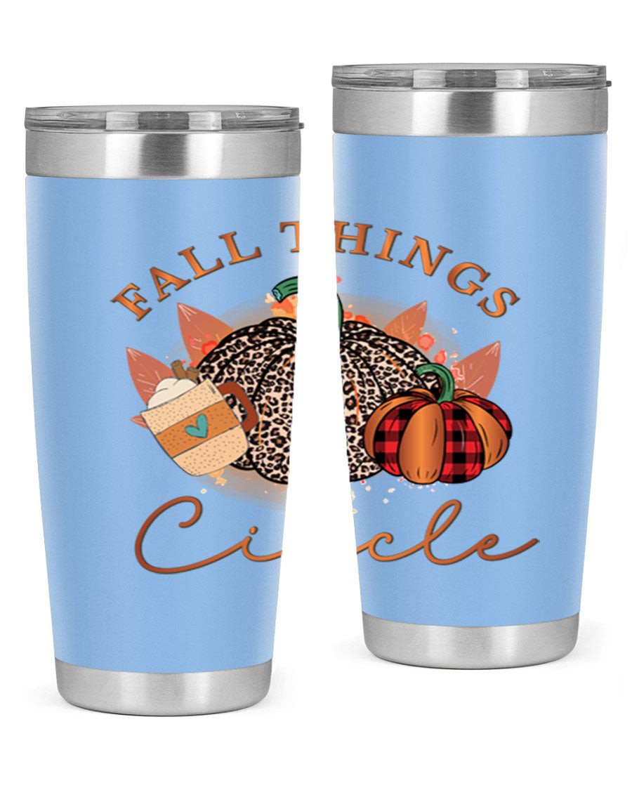 Fall Things Circle 133# Tumbler showcasing its double wall vacuum stainless steel design with a vibrant fall-themed print.