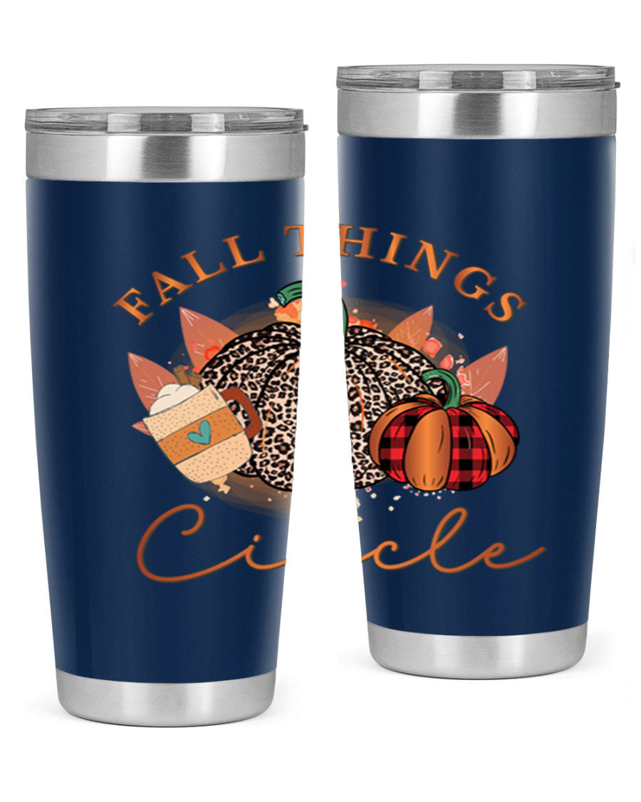 Fall Things Circle 133# Tumbler showcasing its double wall vacuum stainless steel design with a vibrant fall-themed print.